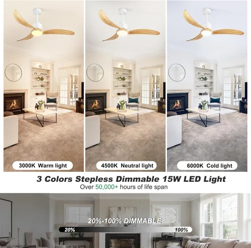 Vista 3 de 52" Wood Ceiling Fan with Light Dimmable,Quiet DC Motor,Modern Ceiling Fan with Remote Control for Living Room,Bedroom,Patio,Porch-Light Wood and