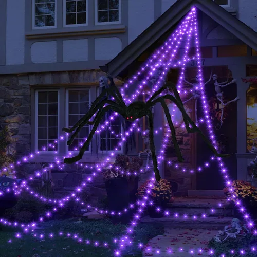 Vista 9 de Luces LED de telaraña para decoraciones de Halloween al aire libre, 616 LED, 8 modos de iluminación, red gigante iluminada de 16.4 pies