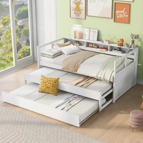 Vista 10 de JIVOIT Sofá cama extensible con cama nido y dos cajones de almacenamiento, marco de sofá cama de madera con soportes de listones de madera, diseño