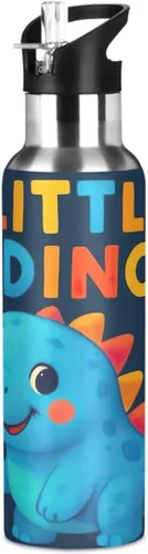 Insulated Stainless Steel Water Bottle with Straw 20 Oz, BPA-Free Sport Water Bottle for Gym Outdoor Travel School, Cute Dinosaur Blue
