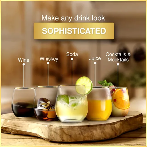 Vista 5 de Paquete de 32 copas de vino de plástico sin tallo, desechables, borde dorado de 12 onzas, inastillables, reciclables y sin BPA, elegantes vasos