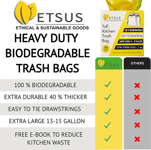 Vista 5 de Bolsas de basura biodegradables de 13 galones con cordones, 75 unidades a base de plantas, bolsas altas de compost de cocina Code Q de 50 litros