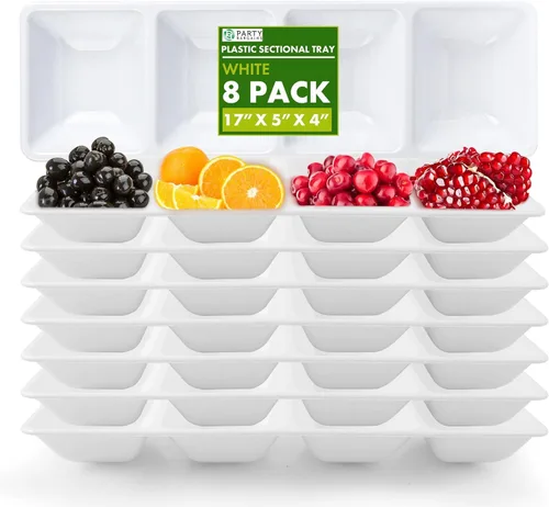 Vista 10 de Party Bargains Bandeja rectangular seccional desechable transparente (paquete de 8) de 5 x 16 pulgadas. Bandeja de plástico con 4 compartimentos