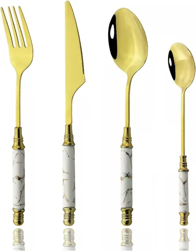 Vista 9 de JASHII Juego de cubiertos con mango de plástico texturizado de mármol para 4, cubiertos de acero inoxidable, 20 piezas, incluye tenedor de cuchara