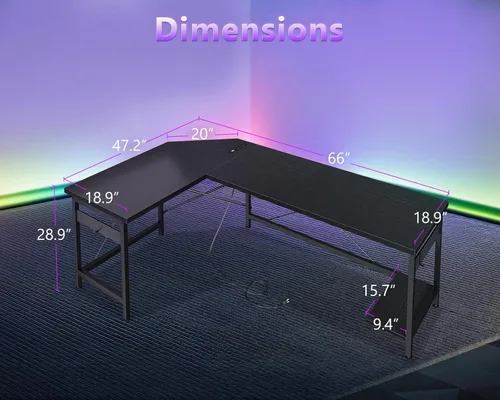 Vista 3 de Coleshome - Escritorio gaming en forma de L de 66 pulgadas, escritorio esquinero de computadora, mesa para computadora resistente para oficina