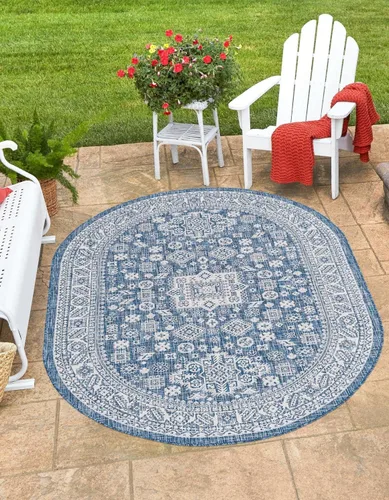 Vista 144 de Unique Loom Outdoor Aztec Collection Alfombra de área, Chalca (7 pies 10 pulgadas, cuadrada, azul/marfil)
