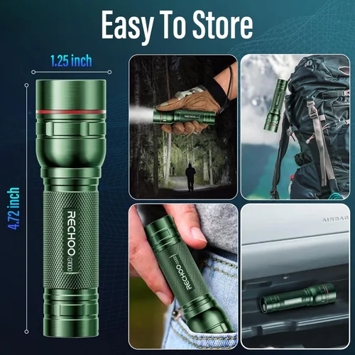 Vista 7 de Linternas recargables de alto lúmenes, luz de flash súper brillante G1000, pequeña linterna LED con zoom con 3 modos de iluminación, linterna Verde