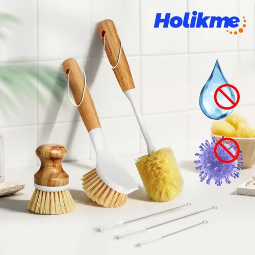 Vista 6 de Holikme Juego de 6 cepillos de cocina con cepillo de palma vegetal, cepillo para botellas, cepillo para platos y cepillo para pajilla, cepillos