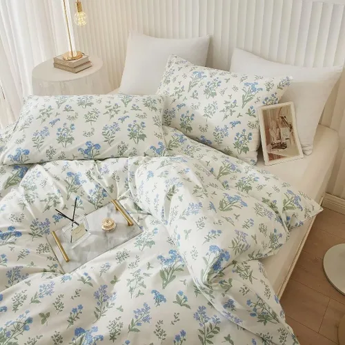 Vista 6 de Mucalis Juego de funda de edredón floral azul, blanco, tamaño Queen, 100% algodón, estampado botánico de flores azules frescas, juego de ropa