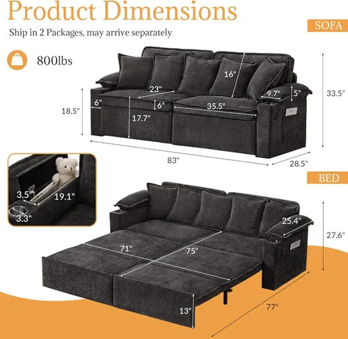 Vista 2 de SUNWAVE - Sofá cama extraíble de tamaño king de 83 pulgadas, sofá cama convertible 4 en 1 con puertos USB, portavasos, bolsillos laterales, sofá