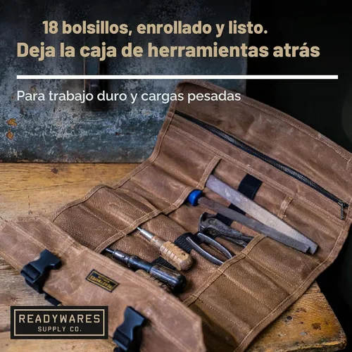 Vista 6 de Readywares Bolsa de herramientas Rollo de herramientas de lona encerada resistente con 18 bolsillos y bolsa, organizador de herramientas de lona