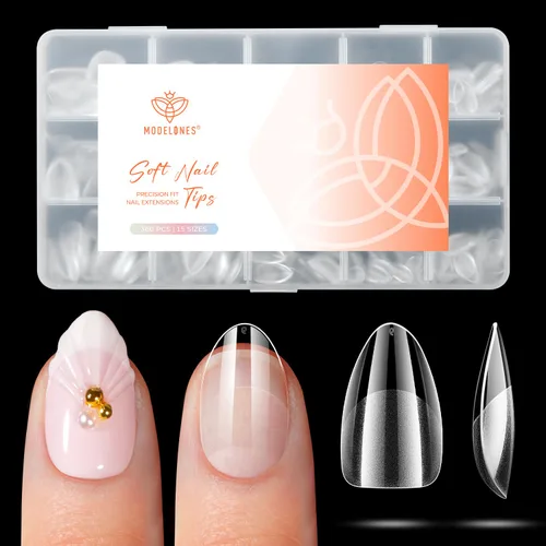 Vista 13 de modelones Puntas de uñas cortas de almendra, 360 piezas pre-grabadas al ácido, uñas postizas transparentes suaves de presión, cobertura completa