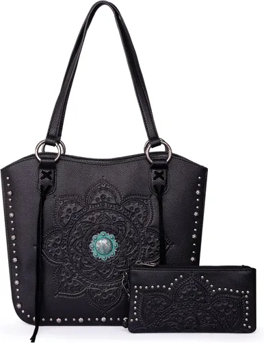 Montana West Western Tote Bag for Women Concealed Carry Purse with Wallet Set Tooling Mandala Pattern Design