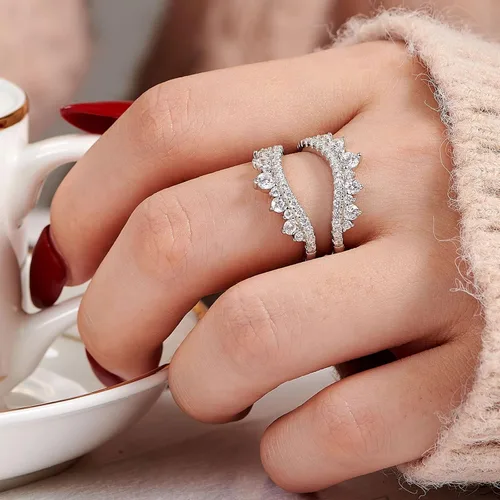 Vista 3 de Wuziwen Anillo de boda curvado para mujer, anillo reforzador, protector para anillos de compromiso, plata de ley 925 CZ