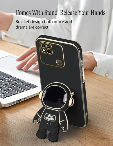 Vista 5 de Compatible con Redmi 10A Funda con soporte de dibujos animados de astronauta creativo chapado rosa, para Xiaomi Redmi 10A, funda de teléfono de Negro