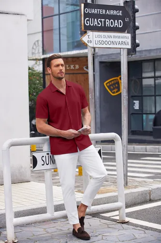 Vista 68 de COOFANDY Camisa casual con botones para hombre, manga corta, sin arrugas, camisa de verano