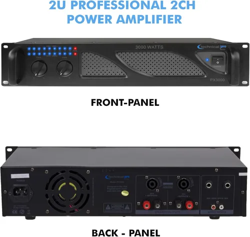 Vista 2 de Technical Pro Amplificador de potencia profesional de DJ de 2 canales de 3000 vatios 2U con ventiladores de doble velocidad de enfriamiento