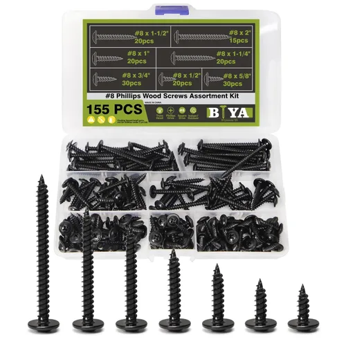 Tornillos de madera negra, #8-32 Kit surtido de tornillos de 155 piezas Phillips modificada cabeza de armadura de madera tornillos de metal rápido