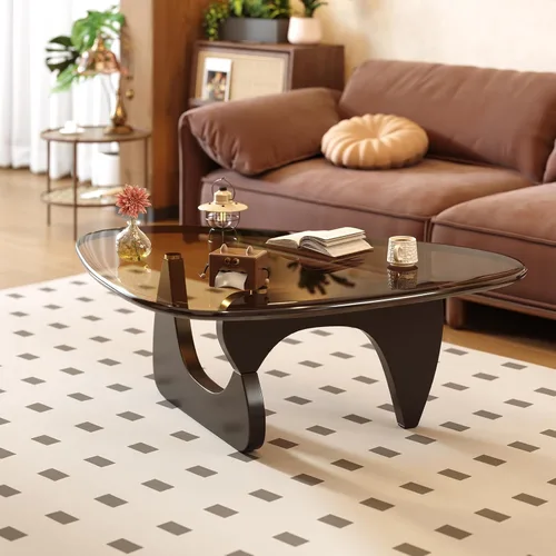 Vista 12 de Mesa de centro para sala de estar, mesa central moderna de mediados de siglo con tapa de vidrio y madera, transparente/nogal