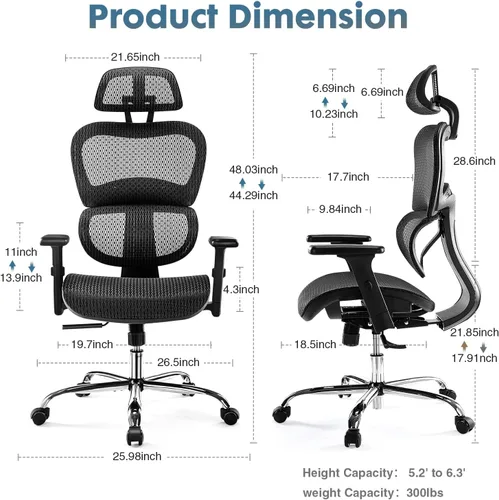 Vista 3 de Silla de oficina ergonómica, silla de escritorio con respaldo alto, silla giratoria de malla para computadora con soporte lumbar dinámico, función