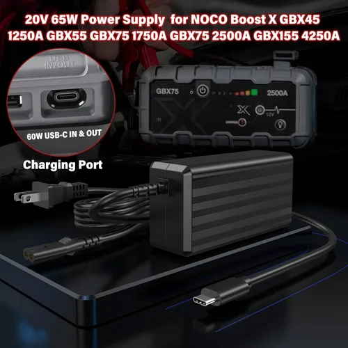 Vista 5 de Cargador de arranque USB C de 65 W apto para NOCO Boost X GBX45 Cable de alimentación Adaptador de CA para NOCO Portable Jump Starter 1250A GBX55