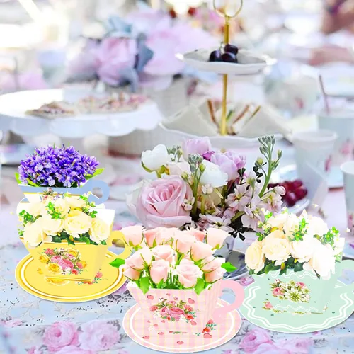 Vista 5 de LaVenty Juego de tazas de té y platillos de fiesta de té floral vintage, 24 piezas