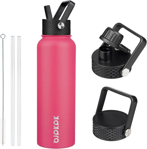 Vista 36 de BJPKPK - Botellas de agua aisladas con tapa de popote, botella de agua de acero inoxidable de 27 onzas con 3 tapas, termo de metal sin BPA a prueba