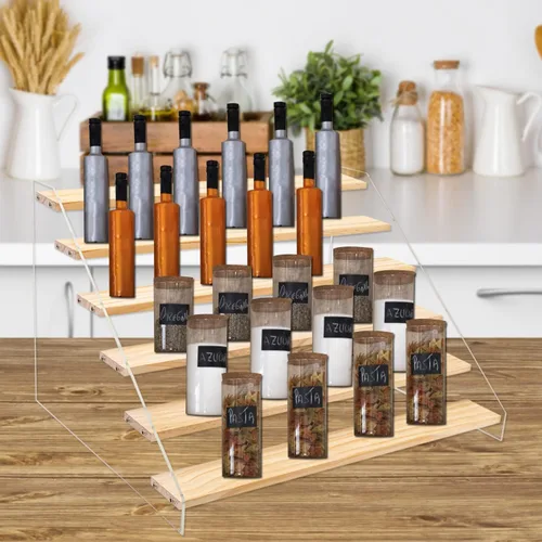 Vista 5 de 1 Packs Wood Acrylic Display Stand, 6-Step Tiered Wooden Display Shelf Risers Organizer, Tabletop Vendors Displays Shelves for Collectibles Pop
