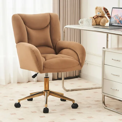 Velvet Swivel Desk Chair with Gold Base - 360° Rotating Office Chair with Ergonomic Tufted Backrest, Thick Sponge Cushion & Universal Wheels for