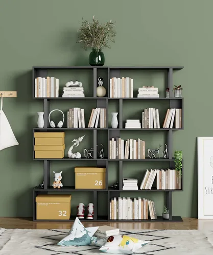 Vista 2 de Gadroad 5-Tier Geometric Bookcase,S Shaped Bookshelf, Wood Decorative Storage Shelving, Modern Freestanding Display Shelves, Tall Book Shelf Unit
