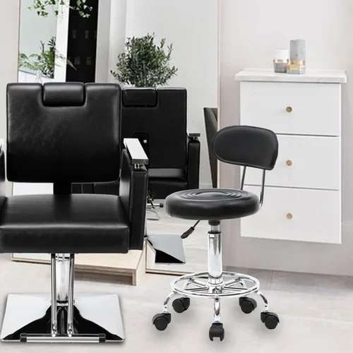 Vista 6 de Goujxcy Taburete multiusos para salón, taburete giratorio ajustable con cojín trasero y ruedas, perfecto para salón de belleza, spa, tatuaje