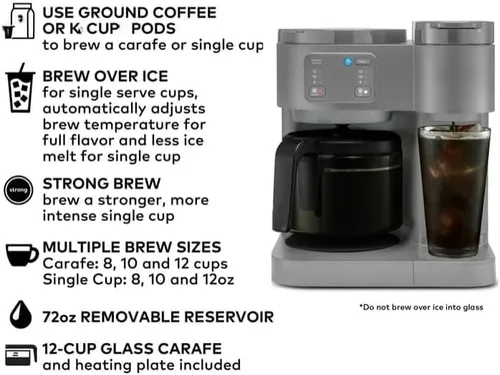 Vista 2 de KeuriigK K Duo Essentials, Hot & Iced Single Serve K Cup Pod Coffee Maker & Carafe, Multiple Sizes (8, 10, or 12 oz), 12 cup glass carafe (Grey)