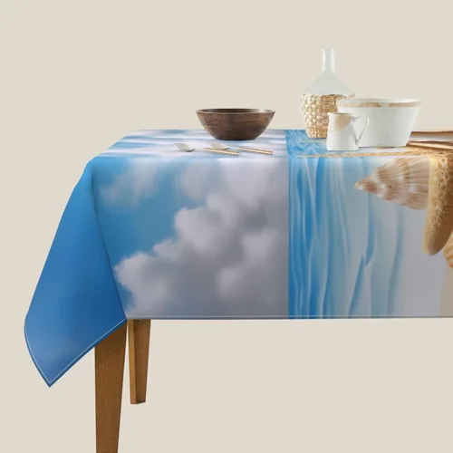 Vista 3 de Mantel cuadrado de 54 x 54 pulgadas, diseño de estrella de mar y conchas marinas, cielo azul, mantel de cocina de verano y océano, decorativo