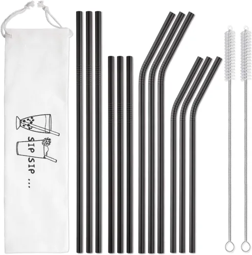 Hiware Paquete de 12 pajitas de acero inoxidable negras reutilizables con estuche, pajitas de metal para vasos de 30 y 20 onzas, aptas para