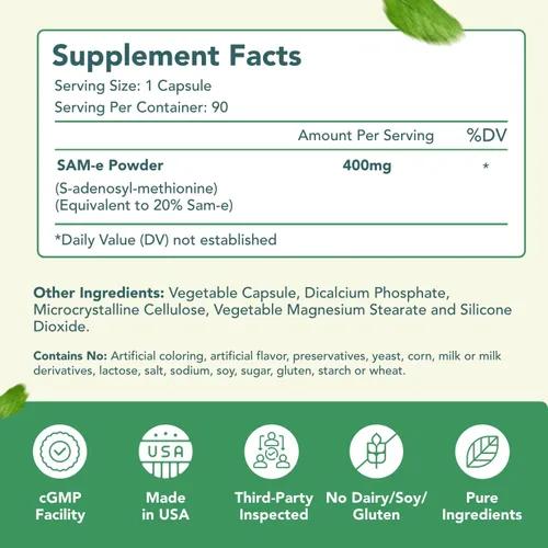 Vista 8 de SAM-e - Cápsulas de 400 mg – Suplemento SAM e de fácil absorción 400 mg de S-adenosil-metionina para apoyo al hígado y estado de ánimo – Sin gluten