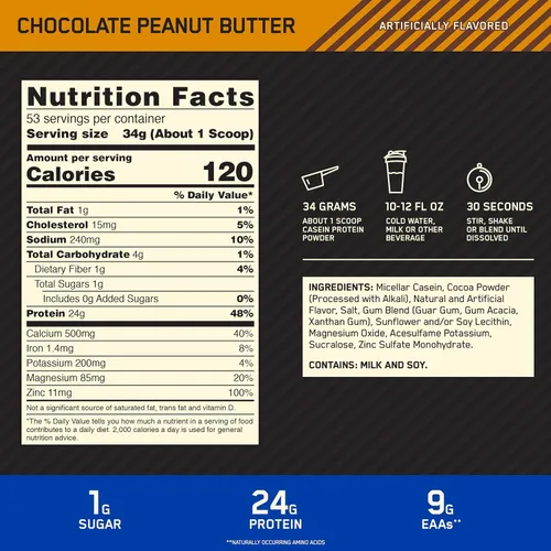 Vista 3 de Optimum Nutrition Caseína en polvo, mantequilla de maní de chocolate, 4 libras