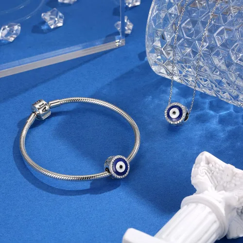 Vista 2 de AIEGNOS Dijes de Hamsa de mal de ojo para pulsera collar de plata de ley 925 cuentas de mal de ojo de Fátima para manos de serpiente europea