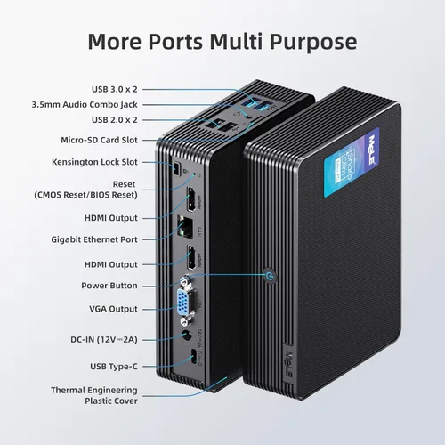 Vista 7 de MeLE Mini PC QuieterHD3 Celeron N5105 sin ventilador, 16 GB 512 GB, microcomputadora de escritorio pequeña con Gigabit Ethernet, WiFi 5 Dual HDMI