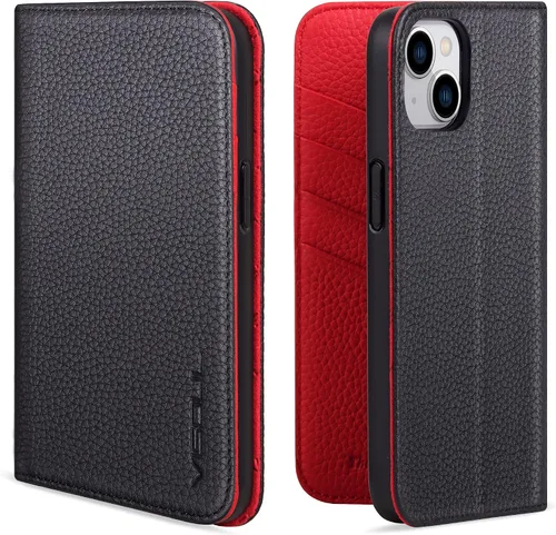Vista 13 de VISOUL Funda de cuero con diseño de guijarros para iPhone 14 Plus, funda tipo cartera de cuero real con tarjetero y función atril magnética