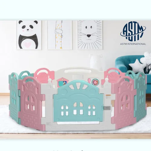 Vista 2 de Dream On Me Parque infantil Rumi de 12 paneles en rosa y azul, fácil de plegar y almacenar, divertido panel de juegos, corralito interior y exterior