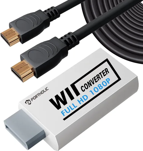 PORTHOLIC Convertidor Wii a HDMI 1080P con cable HDMI de alta velocidad de 5 pies/4.9 ft, adaptador HDMI Wii2, video y audio con audio jack de 0.138