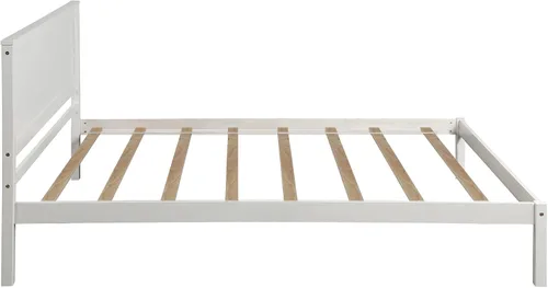 Vista 20 de Elegante cama de plataforma de tamaño Queen con cabecero, plataforma de madera maciza con soporte de listones de madera para dormitorio