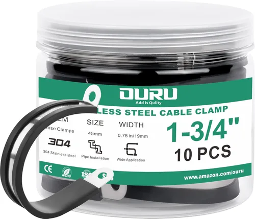 OURU 10 abrazaderas de cable aisladas acolchadas de acero inoxidable y revestimiento de goma de 1-3/4 pulgadas, abrazaderas de cable y tubería
