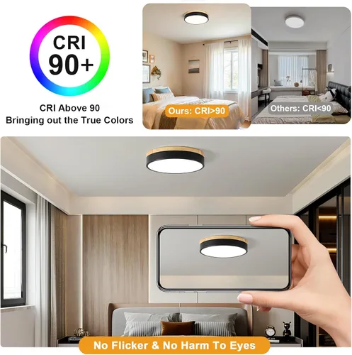 Vista 6 de Moderna lámpara de techo de madera regulable, lámpara de techo redonda negra LED empotrada, lámpara de techo minimalista para cocina, dormitorio