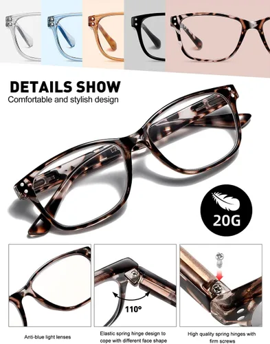 Vista 3 de 5-Pack Reading Glasses Blue Light Blocking, Fashion Square with Comfort Spring Hinges Readers for Women