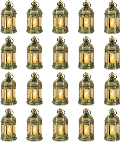 Vista 9 de Romadedi Mini Linternas Decorativas para Centro de Mesa: 10 piezas de linterna pequeña negra colgante a granel con velas LED parpadeantes