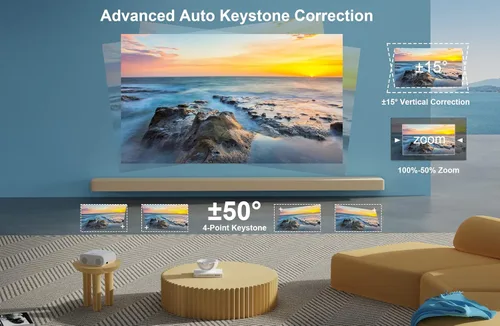 Vista 3 de [Auto Focus+Auto Lens Cap] Projector with WiFi 6 and Bluetooth:500 ANSI 4K Projector Native 1080P Outdoor Projector, Auto 6D Keystone, 50% Zoom Home