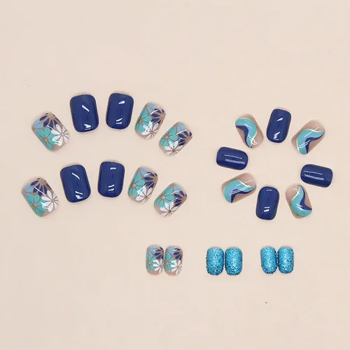 Vista 3 de Uñas postizas cuadradas cortas acrílicas azules falsas con diseños de rayas de flores, purpurina artificial, cubierta completa, pegamento en barra
