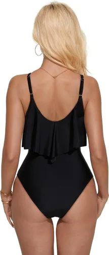 Vista 3 de SUUKSESS Traje de baño de una pieza con volantes y fruncidos para mujer, con control de abdomen, traje de baño adelgazante #1 estampado floral negro
