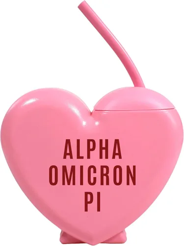 Sorority Shop Alpha Omicron Pi - Vaso con pajilla, vaso de 16 onzas en forma de corazón de caramelo con tapa y popote de silicona, vaso de plástico